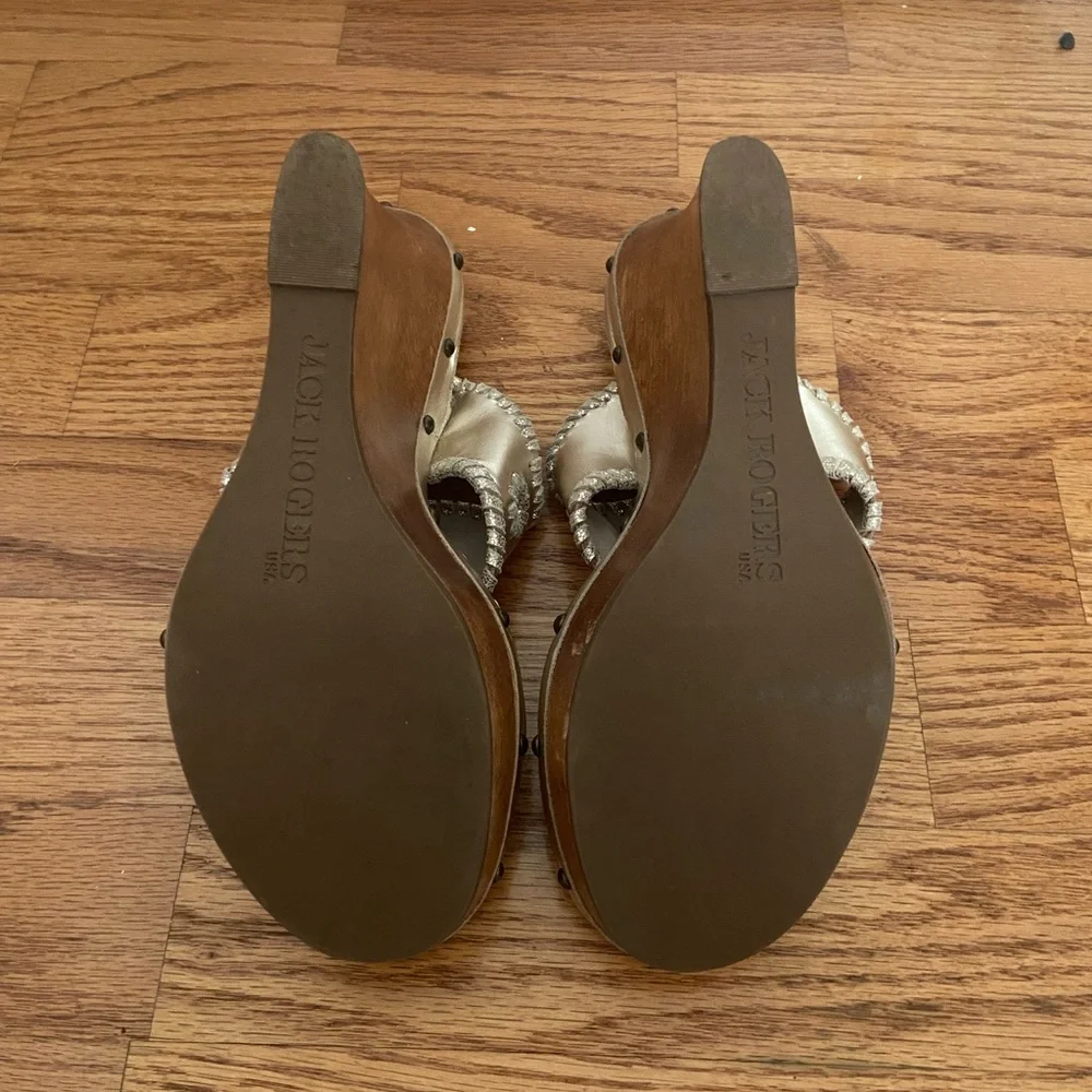 Jack Rogers Marbella Gold Leather Wooden Platform Wedge Sandals - Picture 5 of 6